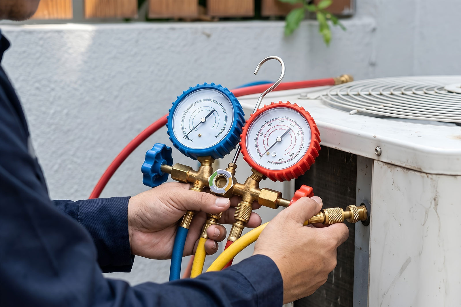 HVAC technician repairing a residential air conditioning unit in Lancaster County, PA